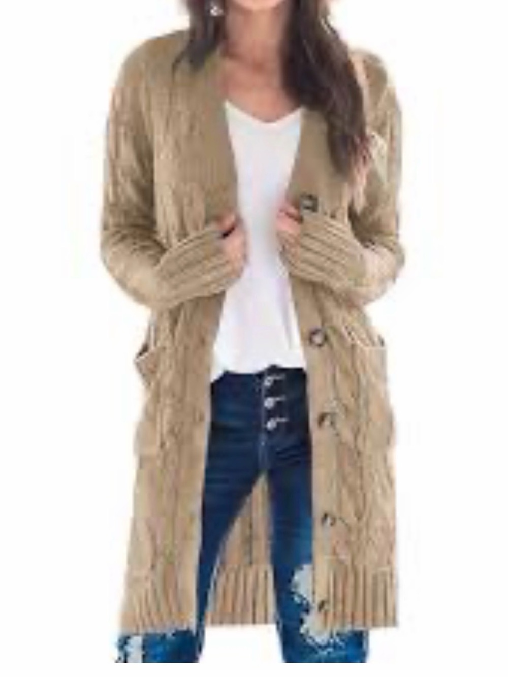 BCBGMaxAzria Long Openwork Knit Cardigan in Beige Taupe. Medium